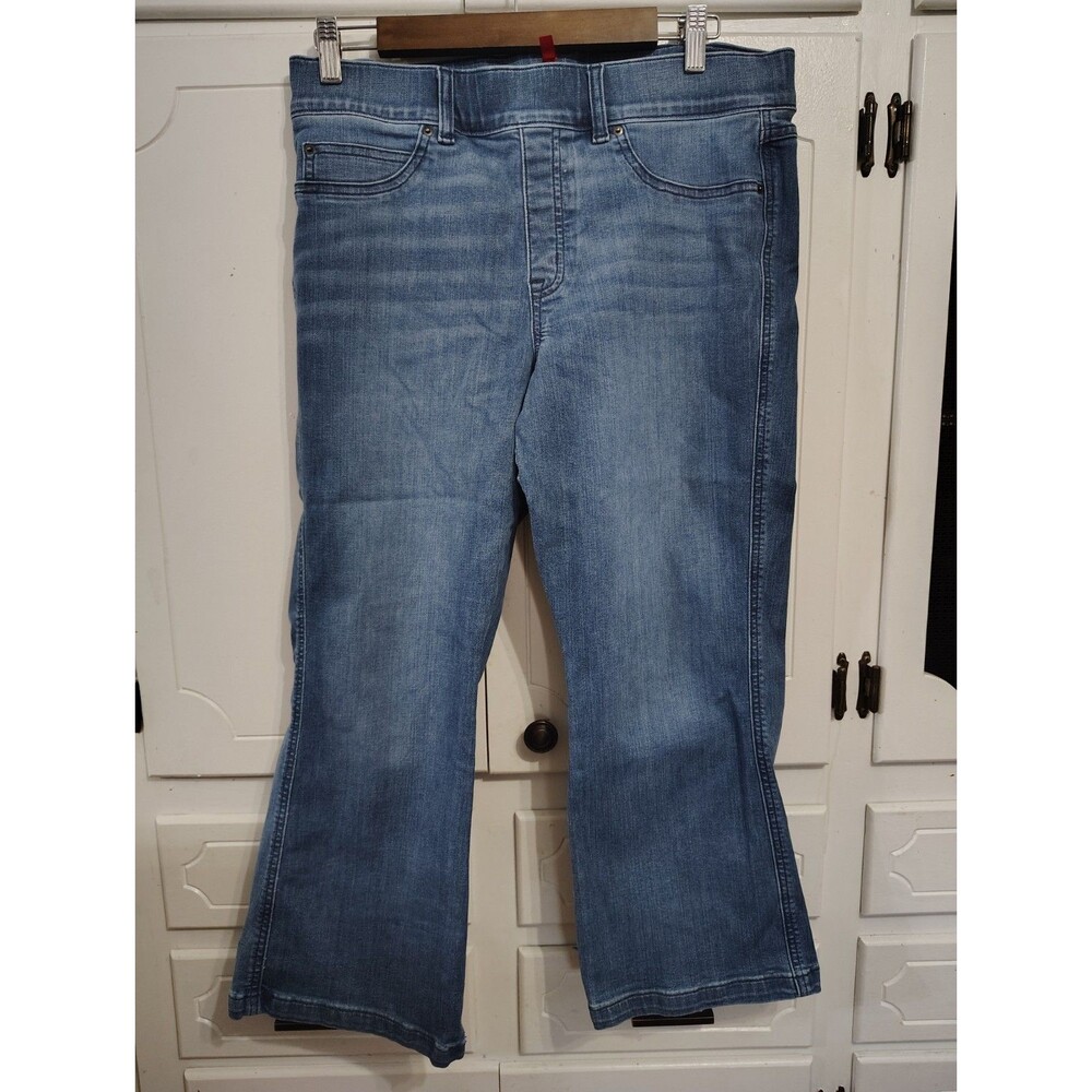 Spanx Cropped Flare Denim Jeans XL Petite Blue Stretch Pull On Shaping High Rise